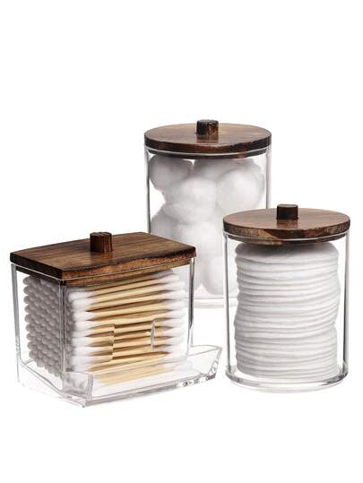1 st/2 st/3 st stor kapacitet genomskinlig plastbehållare med trälock, badrum sovrum vardagsrum fåfänga förvaringsbehållare för bomullspinnar bomullstussar sminkpads hushållsorganisatörer