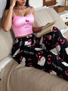 2 piezas Conjunto de 2 piezas de verano de Sanrio Hello Kitty para mujeres, conjuntos de pijama elegantes de verano para mujeres, conjuntos de salón para mujeres, artículos de Hello Kitty, conjuntos de pijama - Negro - Ver 3