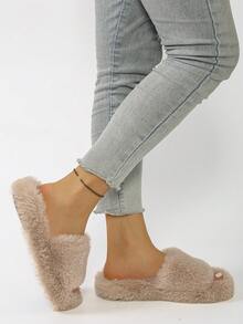 Fall/Winter Women's Fluffy Open Toe Platform Slippers, Comfortable Soft Open Toe Non-Slip Indoor Slippers, Home Slippers,Furry Shoes - Khaki - View 3