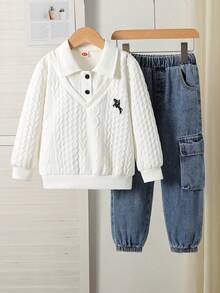 2 件年轻男孩休闲套装：刺绣领拼接运动衫 + 简约双口袋牛仔裤 - 白色 - 查看 1