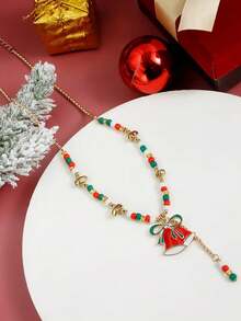 1pc Christmas Atmosphere Necklace With Bow & Santa Hat Colorblock, Fashionable New Year Party Necklace, New Year Gift Necklace