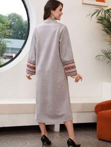 Elegant Embroidered 2025 Autumn/Winter Arabic Women's Dress, JALABIA Fringe Long Sleeve V-Neck Traditional Luxury Embroidered Design Kaftan Robe