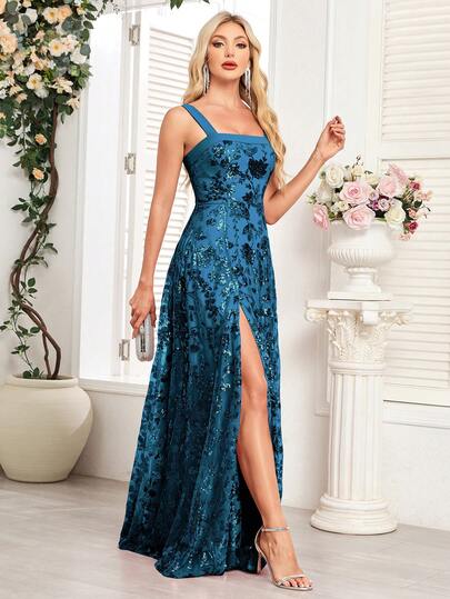 Women's Sleeveless Floral Sequin High Slit Party Dress, Cocktail Dress, Wedding Guest Dress, Graduation Dress, Evening Gown