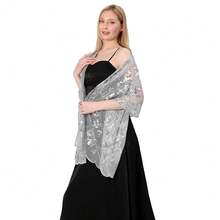 Shawls And Wraps For Evening Dresses,Women Formal 1920s Sequin Flower Sheer Shawls And Wraps For Wedding-{"Color_name":"SilverGray"} - 銀灰色 - 查看 7