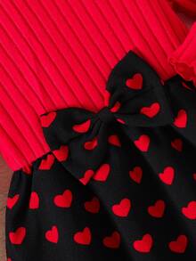 少女情人节蝴蝶结装饰长袖圆领连衣裙 - 紅色 - 查看 7