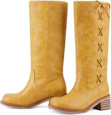 Women's Knee High Chunky Block Heel Square Toe Low Heel Boots, Style - Lace Yellow - View 4