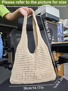 返校季，女士针织单肩包，复古镂空编织大容量花卉装饰购物手提包，女士钩针编织包，夏季沙滩手提包，沙滩包