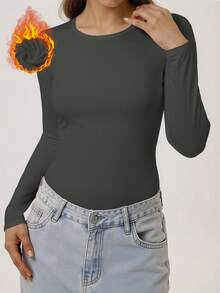 Women's Thermal Underwear Soft Solid Color T-Shirt Style Casual Home Skiing Warm Top For Winter - Dark Grey - View 11