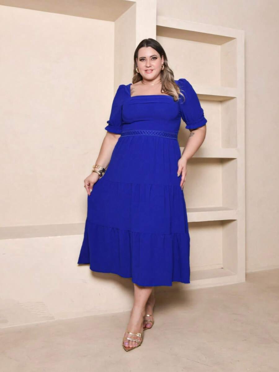 Helena Duna Plain Plus Size Midi Dress With Lace At The Waist Short Sleeves - Xanh đậm - Xem 1