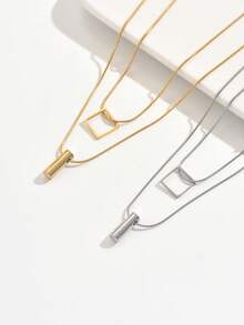 1pc Double Layer Pendant Necklace With Square And Cylindrical Pendants, Simple Design Exudes Elegance And Sophistication, Adds Graceful Lines To The Neck - Double-layer Pendant - View 5