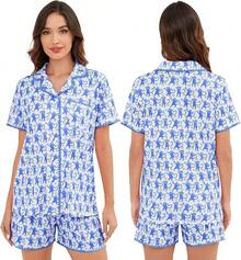 Womens Button Down Pajamas Set Short Sleeve Lounge Sets Bride Soft Sleepwear Casual 2 Piece Pjs With Pocket S-XXLhalloween - Blue Monkey - View 12