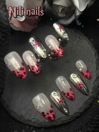 10pcs Acrylic Press On Nails, AlmondsFake Nails, Nail Supplies, Rose Pink French Tip A Light Pink BaseColor Is Paired With A Leopard PrintPattern, Embellished With ShinyRhinestones, Hand Drawn Stars Fully Showing A Sweet AndPlayful Look.Suitable For Ladies To Use InWeddings, Parties, Holidays, Gift NailTools,With 1 Jelly Pad And 1 Nail File