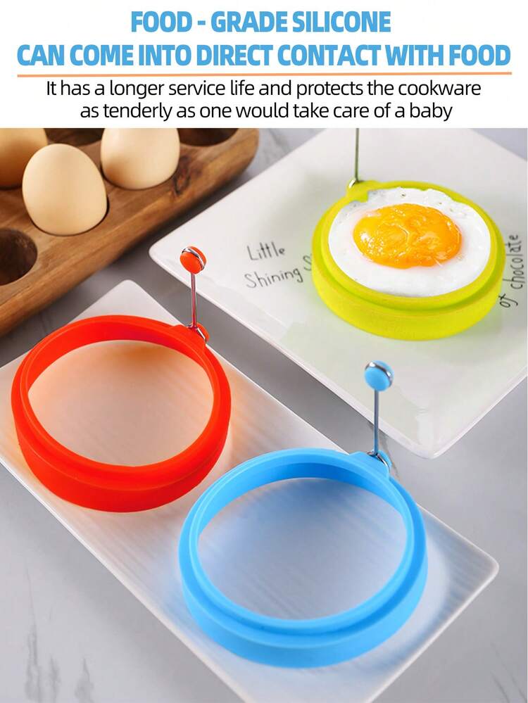 带手柄圆形硅胶蛋模，硅胶鸡蛋塑形器，煎饼模具，鸡蛋圈，不粘厨房烹饪工具，耐热 - 彩色 - 查看 3