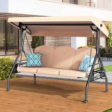 ZZW 3 Seat Outdoor Porch Patio Swing With Stand 800lbs 2-In-1 Convertible Swing Bed With Adjustable Canopy & Removable Cushion For Yard Garden Deck - 卡其色 - 查看 1