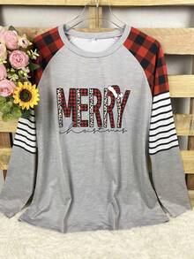 Plus Size Women Christmas T-Shirt, Spring Autumn Plus Size Merry Christmas Letter & Plaid Patchwork Print Elastic Crew Neck T-Shirt, Christmas Pattern Print Casual Tee