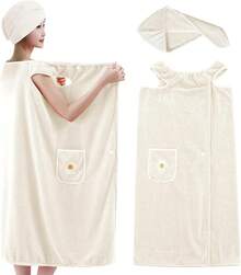 Toallas de Baño,Set de Bata de Baño Mujer Toalla Grandes con Toalla Microfibra para Cabello,Suaves y Cómodo,Fuerte Absorción de Agua y Secado Rápido,para SPA,Sala de Vapor,Uso Diario - Beis - Ver 12