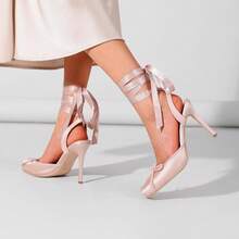 FancyQueen Ballet Heels For Women Stiletto Slingback Heels Satin Strappy Bow Square Toe High Heel Pumps Lace Up Mary Janes Elegant Party ShoesChristmas - 粉色 - 查看 5