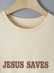 Camiseta Oversized Unissex Jesus Salva Estampada Religiosa - Bege - Visão 5