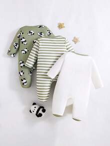 3件套可爱卡通熊猫条纹印花长袖连体衣，适合男婴，四季皆宜 - 綠色 - 查看 2