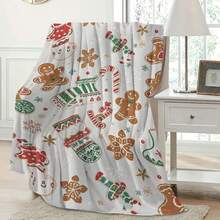 1 szt. flanelowy koc z piernikami i laską cukrową – miękki i przytulny narzuta całoroczna, na sofę, koc podróżny – świąteczny dodatek do pościeli, z wzorem pierników i laski cukrowej, ciepły koc