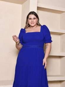 Helena Duna Plain Plus Size Midi Dress With Lace At The Waist Short Sleeves - Xanh đậm - Xem 5