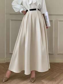 abyoxi Women's Solid Color Elegant High-Waisted Pleated A Line Midi Skirt Fall Winter Fashion Simple Casual Daily Commute Office Half Skirt - Apricot - View 1