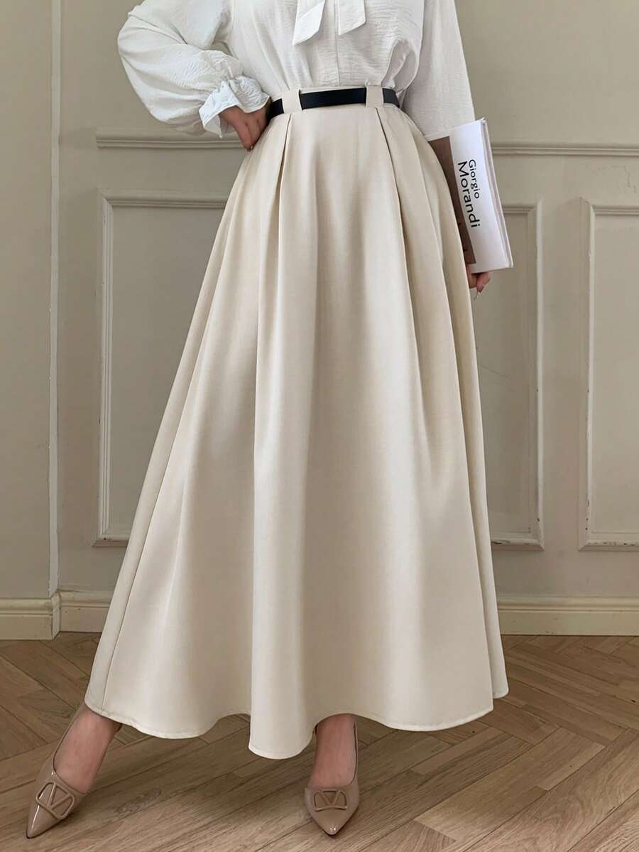 abyoxi Women's Solid Color Elegant High-Waisted Pleated A Line Midi Skirt Fall Winter Fashion Simple Casual Daily Commute Office Half Skirt - Apricot - View 1