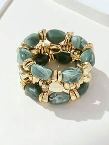 3 pièces Bracelet acrylique épais vintage multicouche et multicolore avec perles, bracelet transformable avec pépites dorées, pour femmes, couples, fêtes, port quotidien - Multicolore 17 - Voir 1