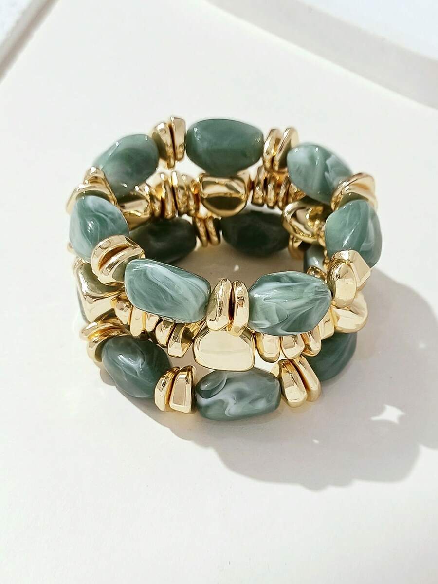 3 pièces Bracelet acrylique épais vintage multicouche et multicolore avec perles, bracelet transformable avec pépites dorées, pour femmes, couples, fêtes, port quotidien - Multicolore 17 - Voir 1