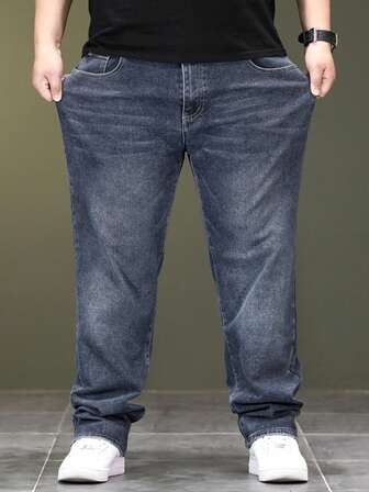 Plus size mäns Casual lösa jeansjeans med raka ben med sneda fickor