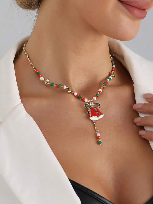 1pc Christmas Atmosphere Necklace With Bow & Santa Hat Colorblock, Fashionable New Year Party Necklace, New Year Gift Necklace