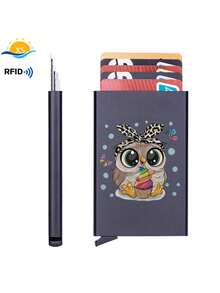 Portofel ultra-subțire din aluminiu cu blocare RFID pentru bărbați și femei - Suport de card pop-up cu design negru drăguț cu bufniță, protecție antifurt, potrivit pentru carduri de credit de afaceri, portofel mic cu carduri pentru femei