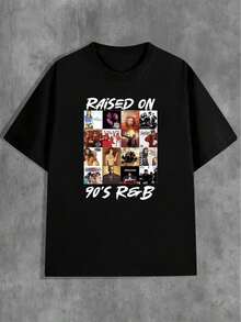 Camiseta feminina de ver￣o com estampa musical dos anos 90, gola redonda, manga curta, estilo casual, em tric￴, com a frase "RAISED ON 90'S R&B" (Criada ao som do R&B dos anos 90). Estampa com colagem de capas de £lbuns. Camiseta com estampa musical. Camiseta de algod￣o macio e texturizado. - Preto - Ver 7
