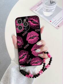 1 Ốp lưng điện thoại chống sốc toàn diện TPU màu đen in hình môi Y2K cá nhân hóa XOXO họa tiết Graffiti và 1 Vòng tay đính hạt trái tim màu hồng, Ốp lưng điện thoại toàn diện sáng tạo đa năng thời trang tương thích với iPhone, OPPO - Nhiều màu - Xem 2