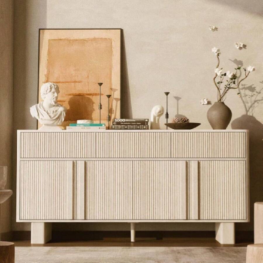 63" Wide Sideboard Buffet Cabinet With Storage, Modern Buffet With 3 Drawers And 4 Doors, Storage Cabinet With 2 Reinforced Legs For Kitchen, Living Room, Whitewashed Oak,23030420 - trắng - Xem 1
