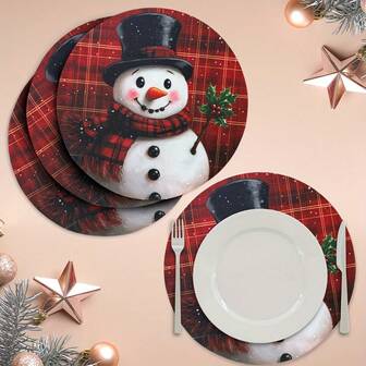 2 pezzi/4 pezzi Set, Tovagliette in poliestere natalizie, Motivo pupazzo di neve, Rotonde - Tovagliette in poliestere per pranzo, cocktail, caffè/tè, adatte per nuova casa, regali, celebrazioni festive, decorazione cucina domestica per famiglia e riunioni