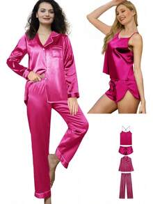 4Pcs Womens Silk Pajama Sets Satin Pajamas Set Sexy Cami Lingerie Pjs Nightwear Silky Pj Loungewear Sleepwearhalloween - 孔雀藍 - 查看 8