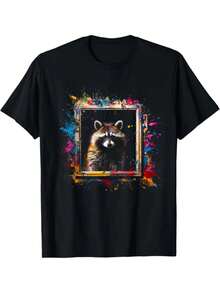 Animal Raccoon Printed, Men's Cotton Graphic T-Shirt, Casual Short Sleeve Crew Neck Gamer T-Shirt, Men's Tee For Outdoor - màu đen - Xem 6