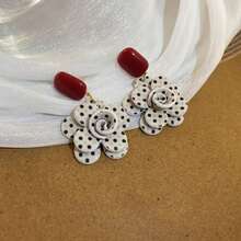 Elegant Polka Dot Flower Drop Earrings, Acrylic Dangle With Stainless Steel Ear Needle, Chic Jewelry For Women, For Daily Wear And Gifting, All-Season Versatile Accessory - Đen và trắng - Xem 6