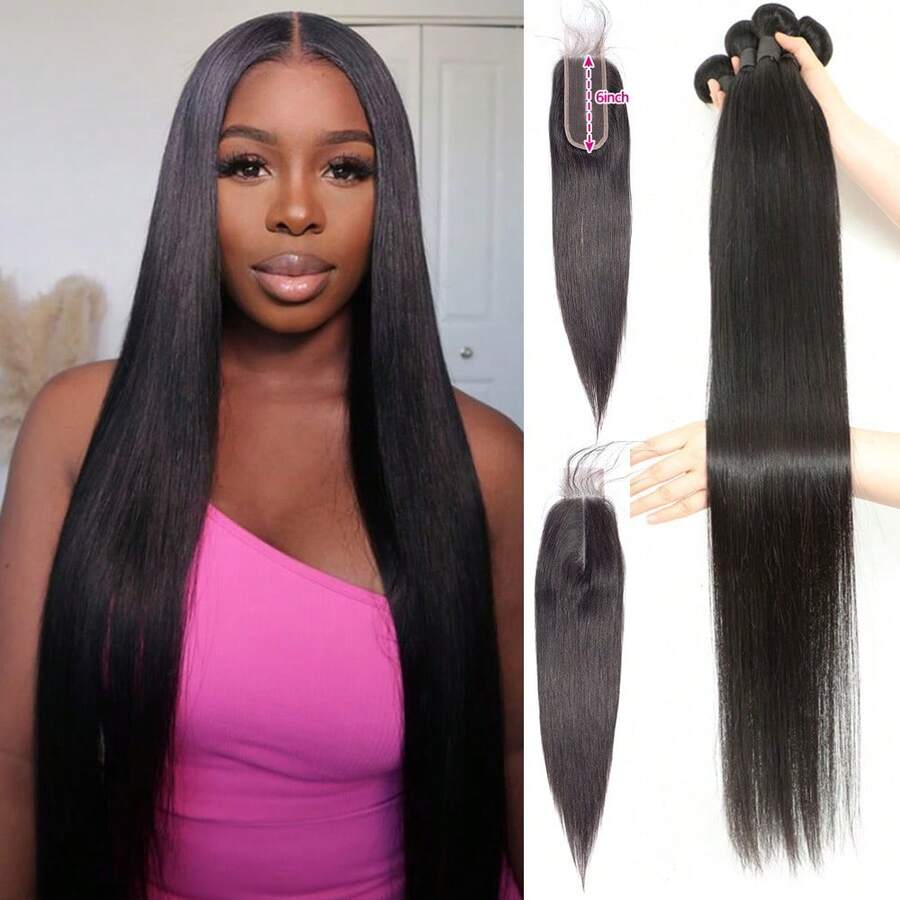 Paquetes de cabello humano liso con cierre 2x6 Cierre de malla con división media y paquetes Paquetes de cabello liso de 12-32 pulgadas con cierres Cabello Remy brasileño 10A de alta calidad 3 paquetes con extensiones de cabello con cierre para mujeres Entrega en 3 días