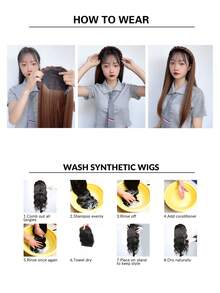 长款波浪/直发发箍半假发，合成纤维夹式接发，蓬松自然棕黑色假发片，配灰色发带，适合女性日常佩戴，1件装 - 彩色 - 查看 9