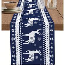 1pc Christmas Reindeer Table Runner, Vintage Navy Blue Snowflake Winter Kitchen Table Cloth, Winter Kitchen Dining Table Decor, Suitable For Party Or Holiday Use