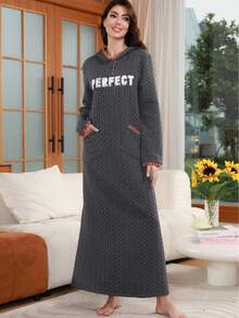 2025 Autumn/Winter Luxury Elegant Dignified Embroidered Design Kaftan Embroidered Long Sleeve Hooded Casual Robe With Pockets - Dark Grey - View 8