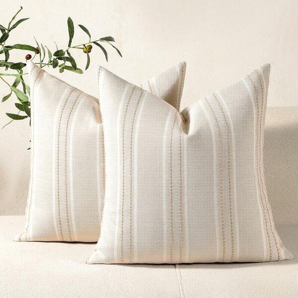1PC Linen Throw Pillow Covers, Boho Textured Pillow Case, ,Beige With White & Navy Blue Stitch Yarn Dyed Stripe Cushion Cover For Sofa Couch Living Room(Cover ONLY)