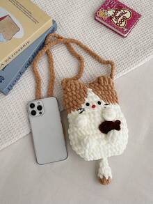 1 pieza Bolso bandolera de punto con diseño de dibujos animados de moda para otoño/invierno, bolso de hombro mini hecho a mano con parches y colores contrastantes, adecuado para atuendos diarios, fiestas, regalo de cumpleaños