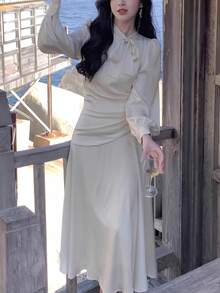 时尚新款女士优雅派对礼服缎面复古纯色别致舞会晚礼服 - 杏色 - 查看 7