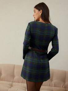 Women's Green Plaid Pattern Fitted Casual Elegant Long Sleeve Dress (No Belt), Spring/Autumn - Blue Plaid - View 2