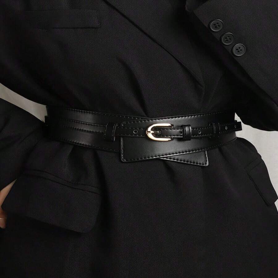 1 Dual-Purpose Women's Belt, Korean Retro Casual Style, Suitable For Perfect Waist Decoration Of Suits, Jackets, Dresses, Etc. Summer, School Fall, Autumn, Halloween  Plain    Casual    PU Leather    Buckle - Black - View 1
