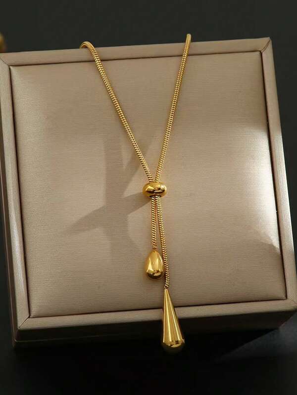 1pc Stainless Steel Water Drop & Heart Pendant Long Adjustable Necklace, Suitable For Daily Wear