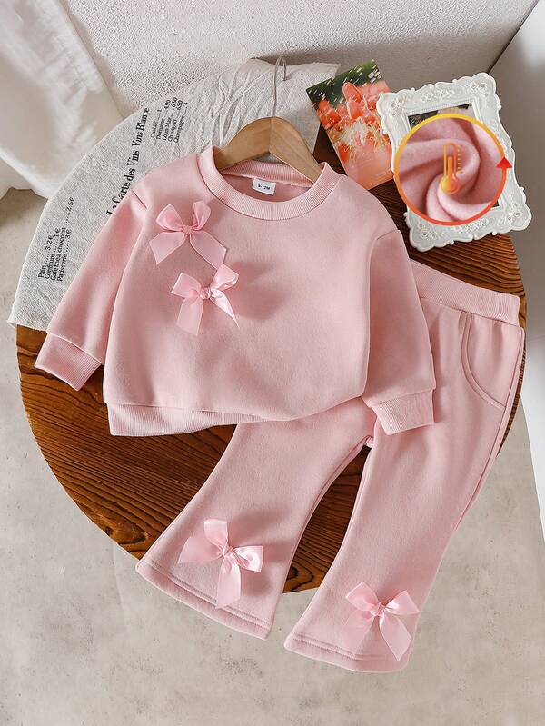2pcs Baby Girls' Bow Decor Long Sleeve Sweatshirt And Pants Set, Cute & Cool For Outings And Play